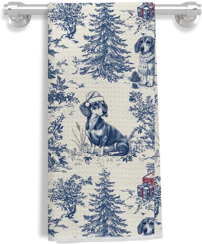 EKGJW Blue Dachshund Christmas Kitchen Towels,Vintage Dog Lover Gifts Dish Tea Towels for Kitchen,French Chinoiserie Holiday Decorative Hand Towel for Bathroom, 16x24 Inch - Image 1